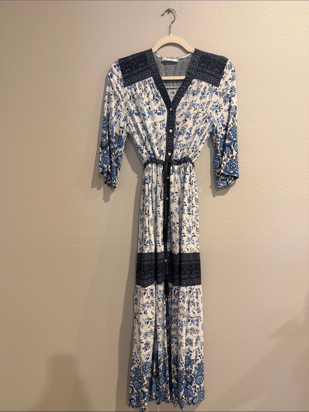 Blue and White Floral Maxi Dress with Tie Waist